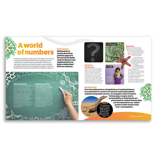 Educational brochure or magazine page about numbers and mathematics with text and graphics.
