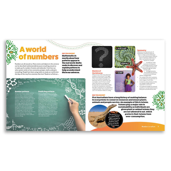 Educational brochure or magazine page about numbers and mathematics with text and graphics.