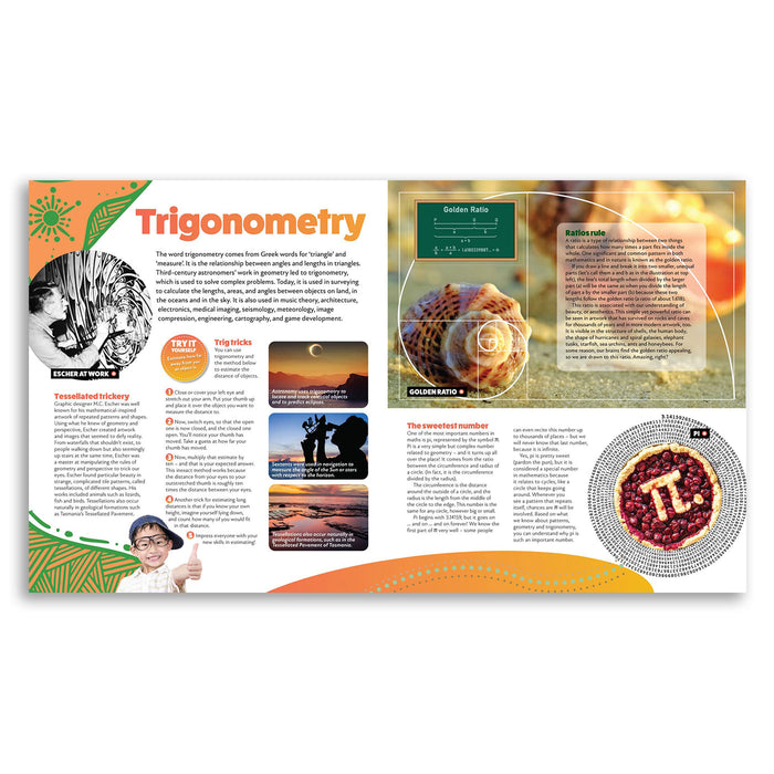 Trigonometry educational brochure with various images and text on a white background
