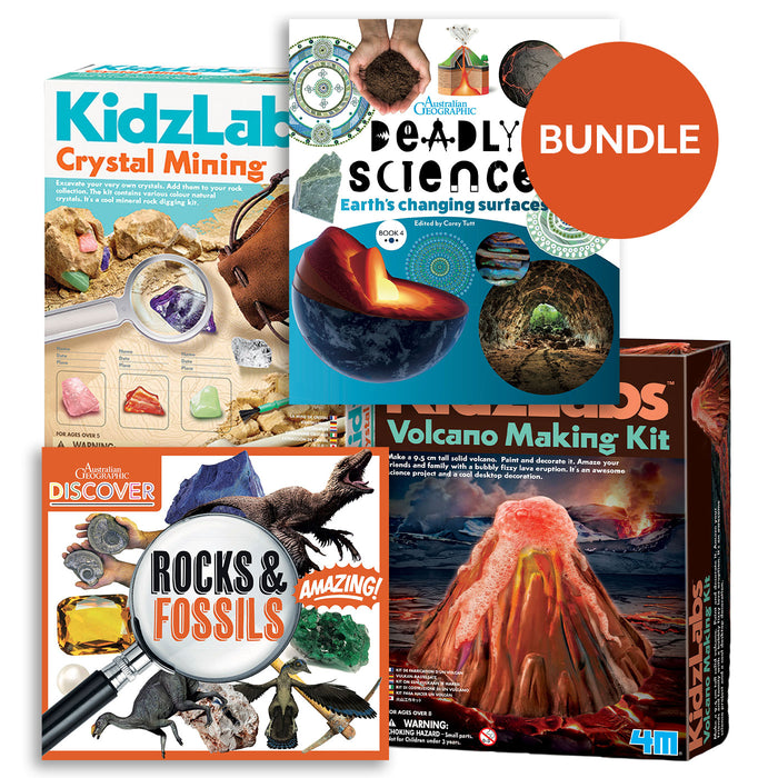 Collection of science kits including 'Crystal Mining', 'Deadly Science', 'Volcano Making Kit', and 'Rocks & Fossils' with '4M' branding.