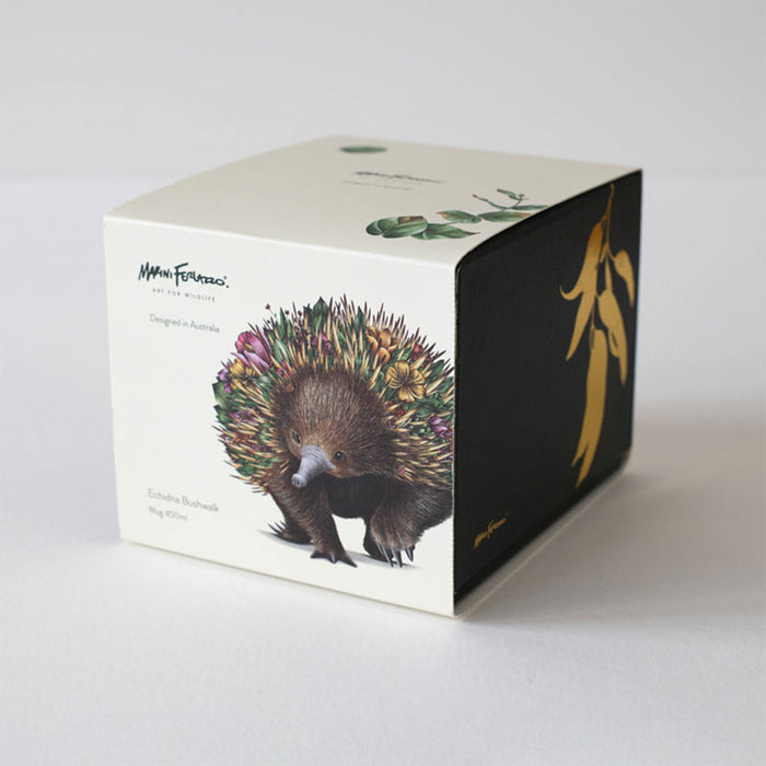 Cube-shaped product packaging with echidna illustration and branding on a white background