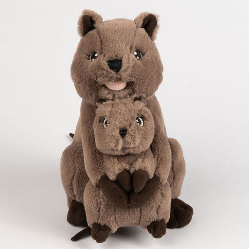 Two brown plush quokkas stacked on a white background