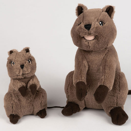 Two brown plush toys resembling quokkas on a white background