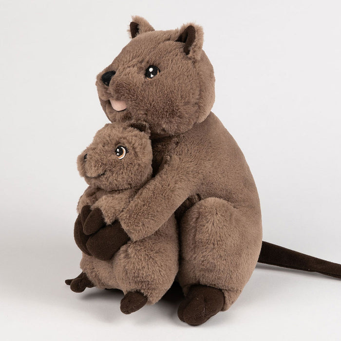 Two brown plush quokka, likely a mother and baby, hugging each other on a white background.