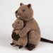 Two brown plush quokka, likely a mother and baby, hugging each other on a white background.