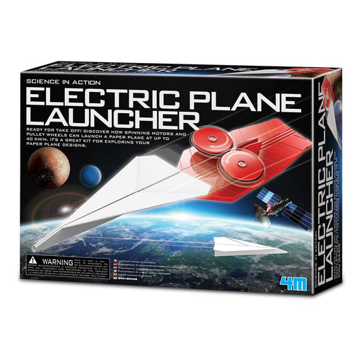 Box of an electric plane launcher toy with a space-themed design.