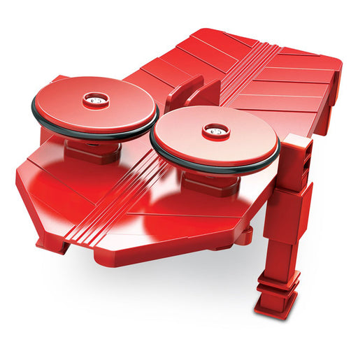 Red adjustable stand with two circular platforms on a white background
