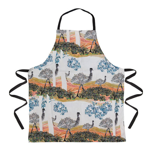 Apron with a design of emus and trees on a white background