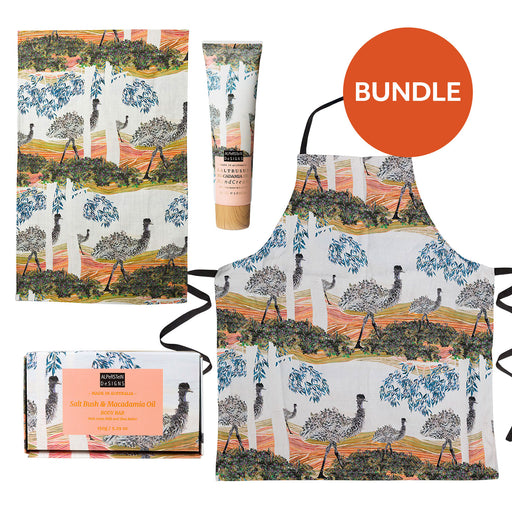 Product bundle with apron, towel, and lotion featuring nature-themed design.