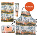 Product bundle with apron, towel, and lotion featuring nature-themed design.