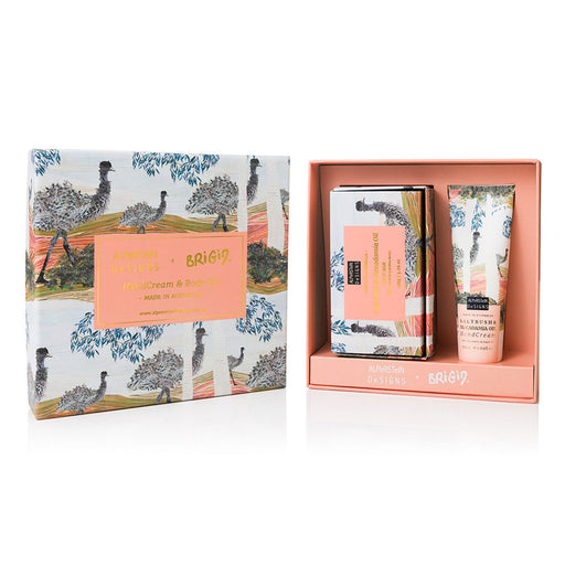 Gift set with skincare products and packaging featuring a nature-themed design.