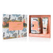 Gift set with skincare products and packaging featuring a nature-themed design.