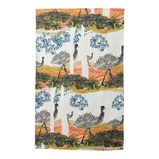 Decorative towel with a pattern of trees and animals on a white background