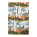 Decorative towel with a pattern of trees and animals on a white background