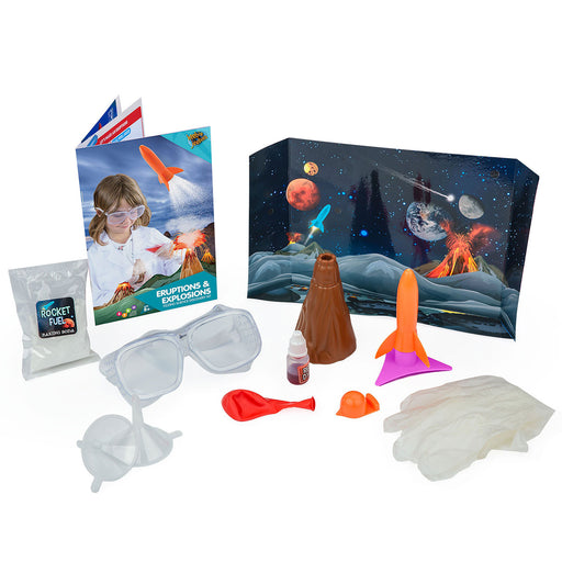 Science experiment kit with rocket, goggles, and educational materials on a white background
