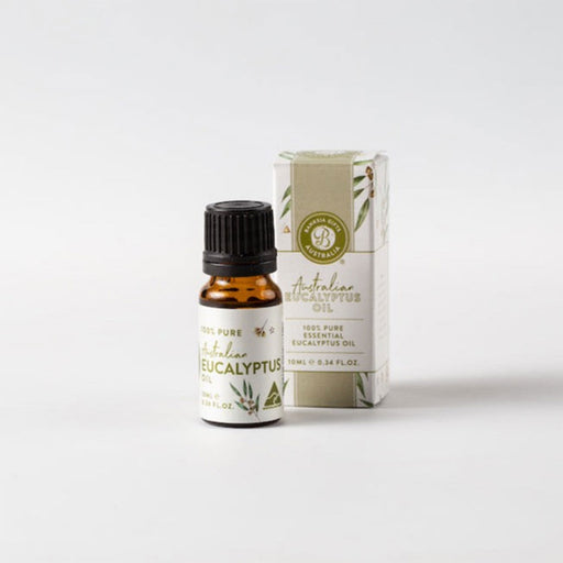 Bottle and box of Australian Eucalyptus oil on a white background