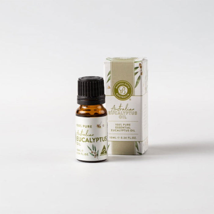 Bottle and box of Australian Eucalyptus oil on a white background