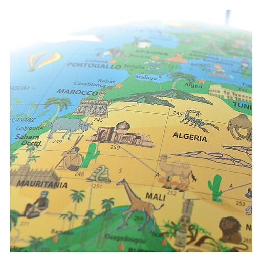 Map of North Africa with illustrations and text on a globe.
