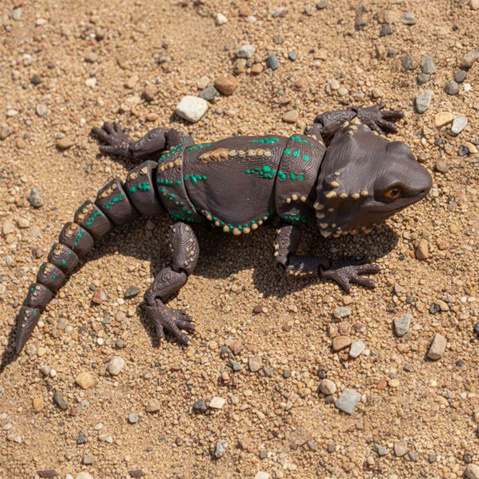 bearded dragon with distinctive markings on a sandy ground