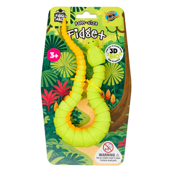 Fidget toy packaging with green and yellow fidget item on a colorful leaf-patterned background