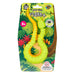 Fidget toy packaging with green and yellow fidget item on a colorful leaf-patterned background