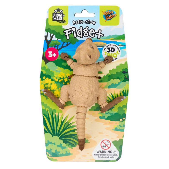 Fidget toy packaging with a palm-size fidget item on a colorful background