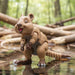 Toy quokka figure standing in water with a forest background
