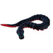 Black snake-shaped toy with red accents on a white background