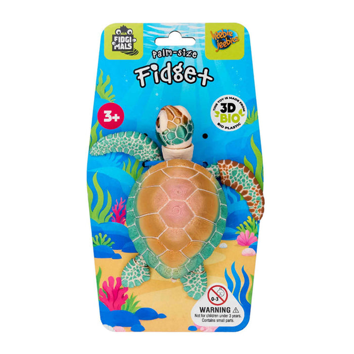 Fidget toy packaging with turtle design on a blue background