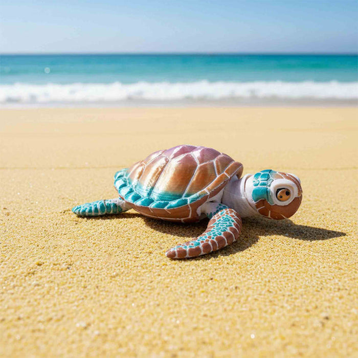 Toy turtle on a sandy beach with ocean in the background