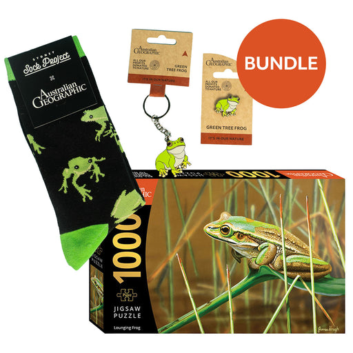 Australian Geographic frog-themed products including socks, keychain, and puzzle on a white background.