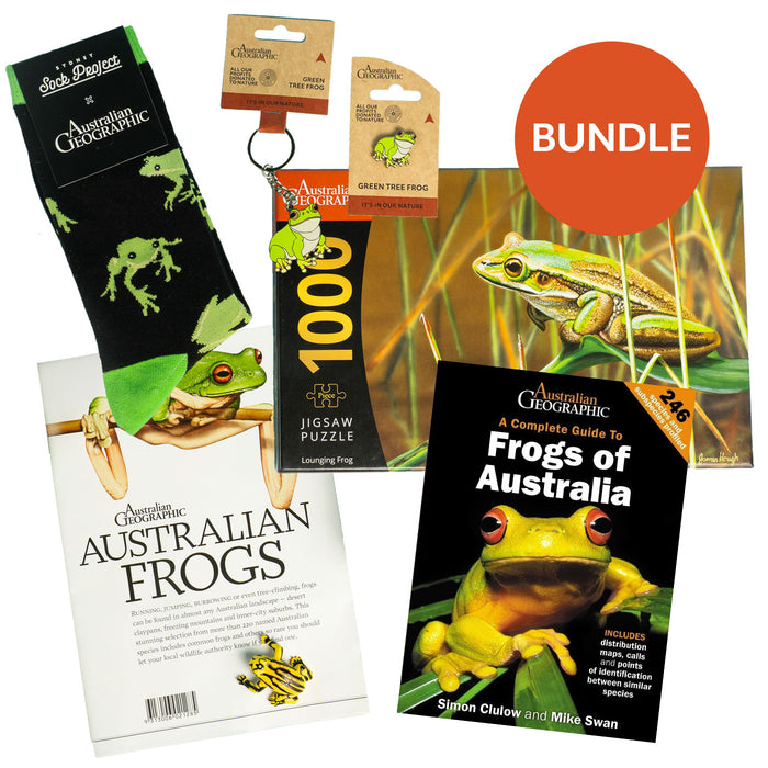 Frog-themed educational bundle with books, puzzles, and a magazine on a white background.