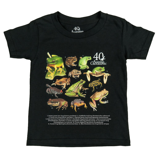 Black t-shirt with illustrations of various frogs and '4O Geographic' branding on a white background.