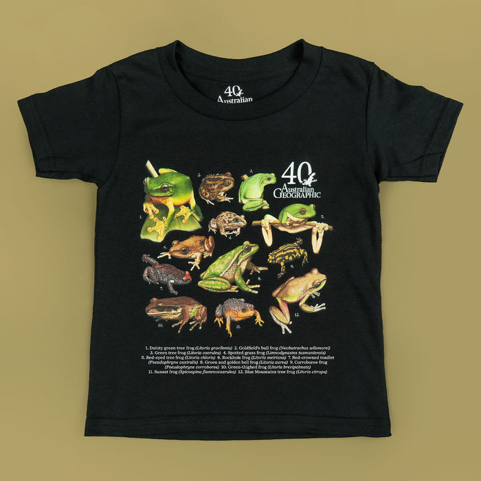 Black t-shirt with illustrations of various frogs on a beige background