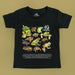 Black t-shirt with illustrations of various frogs on a beige background