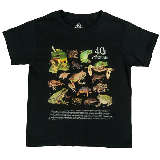 Black t-shirt with illustrations of various frogs and '40 Years of Australian Geographic' text.