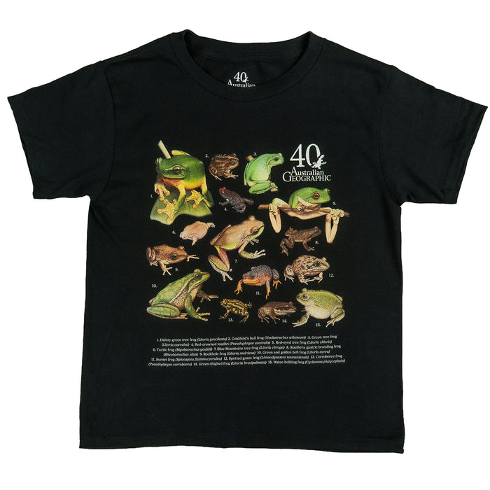 Black t-shirt with illustrations of various frogs and '40 Years of Australian Geographic' text.