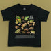 Black t-shirt with illustrations of frogs and Australian Geographic logo on a beige background