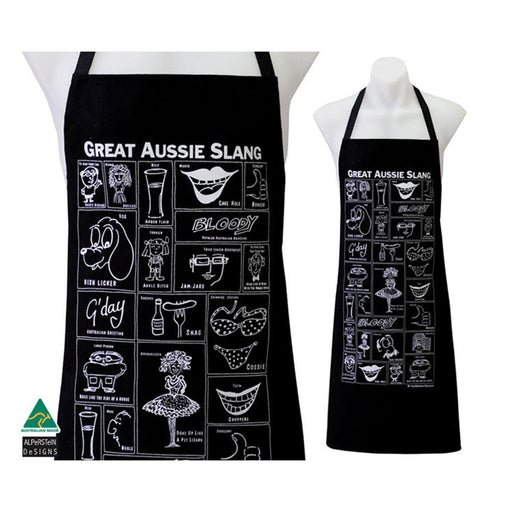 Black apron with white text and icons on a mannequin