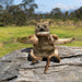 Stuffed toy quokka on a log with a natural landscape background