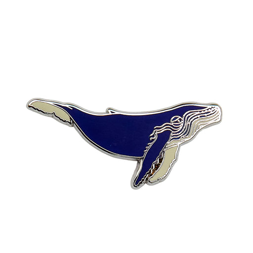 Blue and gold whale-shaped object on a white background