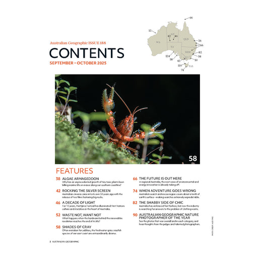Australian Geographic magazine cover with a crayfish on a leaf, featuring the September-October 2023 issue.