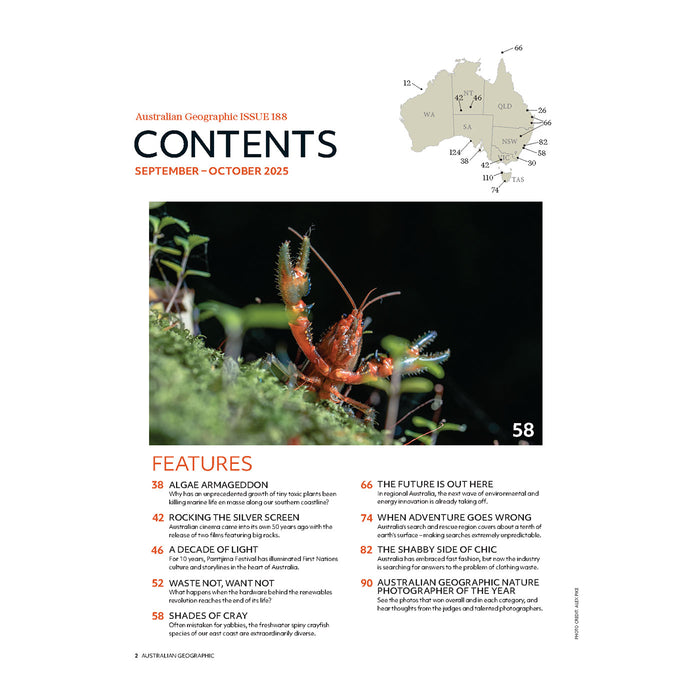 Australian Geographic magazine cover with a crayfish on a leaf, featuring the September-October 2023 issue.