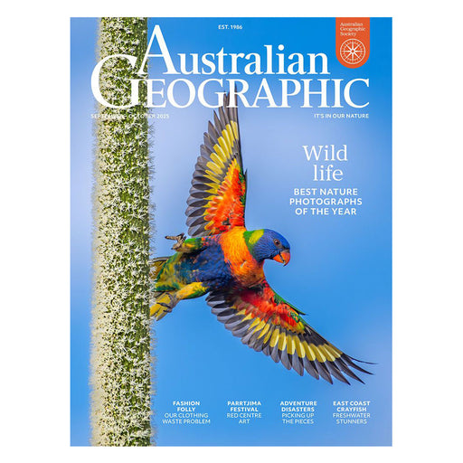 Australian Geographic magazine cover with a parrot and nature-themed text