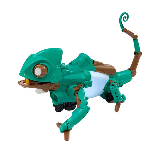 Toy figure of a green chameleon on a white background