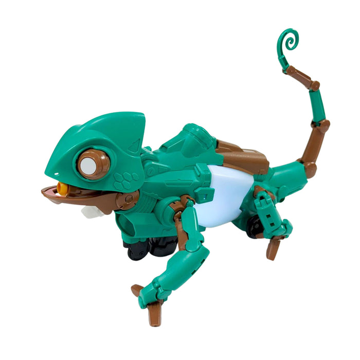 Toy figure of a green chameleon on a white background