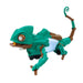 Toy figure of a green chameleon on a white background