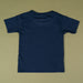 A navy blue short-sleeve t-shirt shown from the back, laid flat on a solid olive green background.
