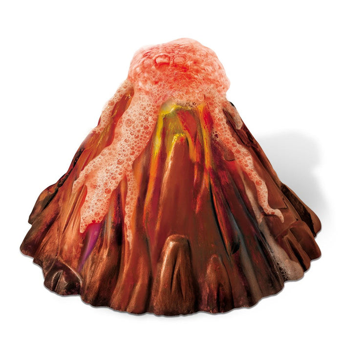Model of a volcano with red lava and brown rock on a white background
