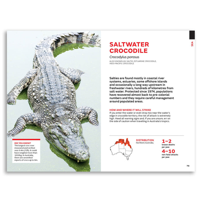 A printed informational page about the saltwater crocodile, with a large photo of the animal on the left, red and black title text reading 'SALTWATER CROCODILE,' descriptive text, and small distribution graphics including a map of Australia and population estimates.